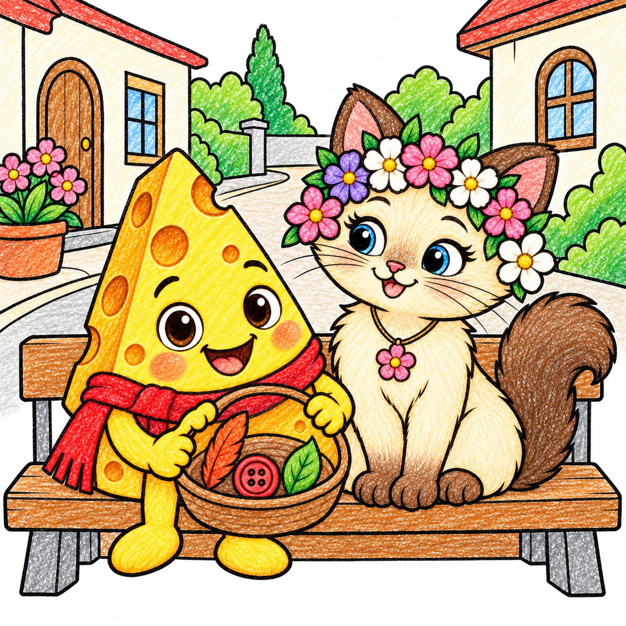 Cheddo holds a small basket containing a broad feather, button and leaf while Naeli watches beside a village bench and flowerpot. Shown in color, as one idea.