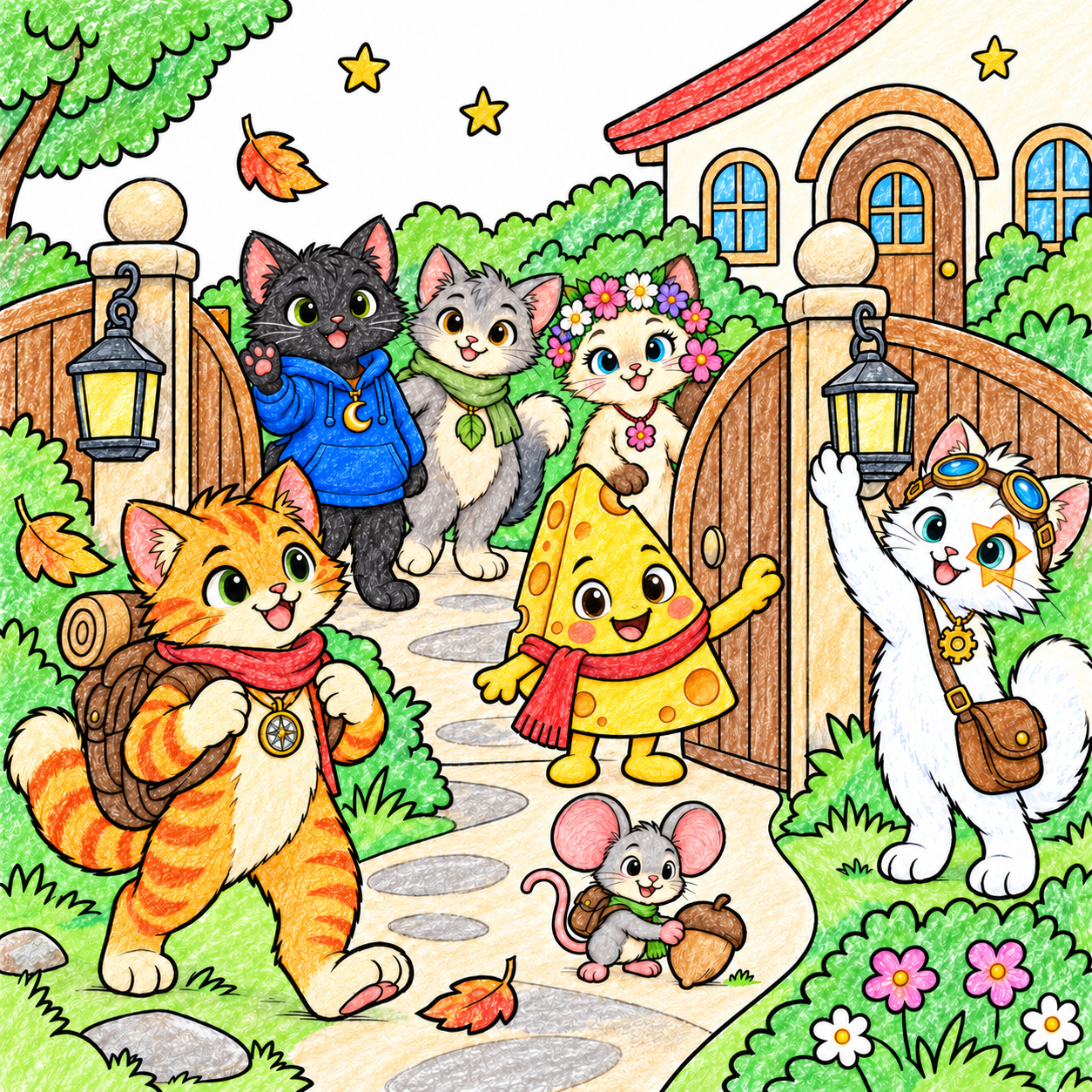 All seven Meowelo friends arrive together at a round garden gate beneath hanging lanterns and stars, with Pico much smaller than the cats. Shown in color, as one idea.