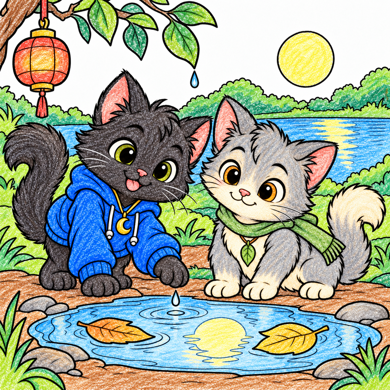 Lunai and Myro bend beside a moonlit puddle, with a hanging lantern, two leaves, a dripping branch and Moon Pond beyond. Shown in color, as one idea.