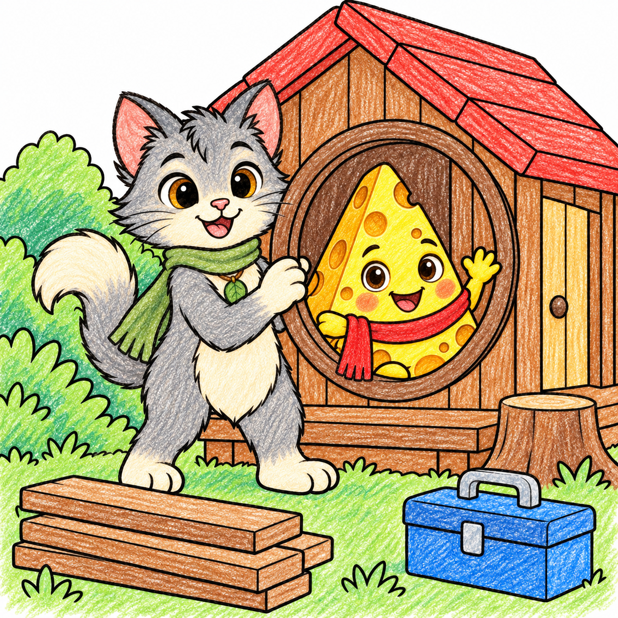 Myro steadies a round window frame while triangular Cheddo waves through it beside a partly built woodland house, planks and a door. Shown in color, as one idea.