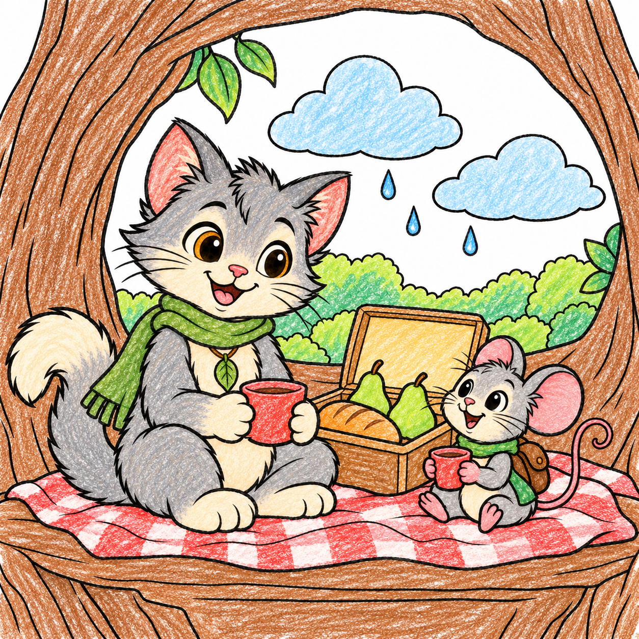 Myro and tiny Pico share a picnic basket inside a broad hollow tree while two large clouds and a few raindrops appear outside. Shown in color, as one idea.