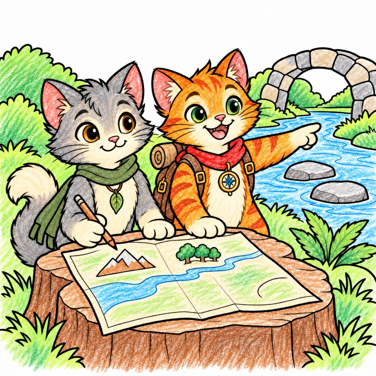 Myro and Riyu spread an unfinished map on a smooth stump beside a stream and a simple stone arch, with a blank corner visible. Shown in color, as one idea.