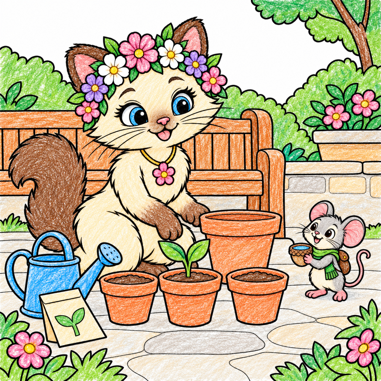 Naeli and tiny Pico look at a two-leaf shoot in a pot beside a larger empty pot, a watering can and a seed packet in the garden. Shown in color, as one idea.