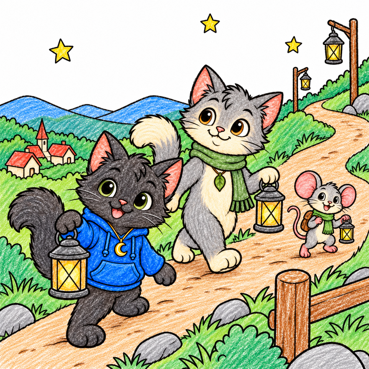 Lunai, Myro and tiny Pico carry three lanterns up a winding hill above the village, with broad path shapes and stars overhead. Shown in color, as one idea.