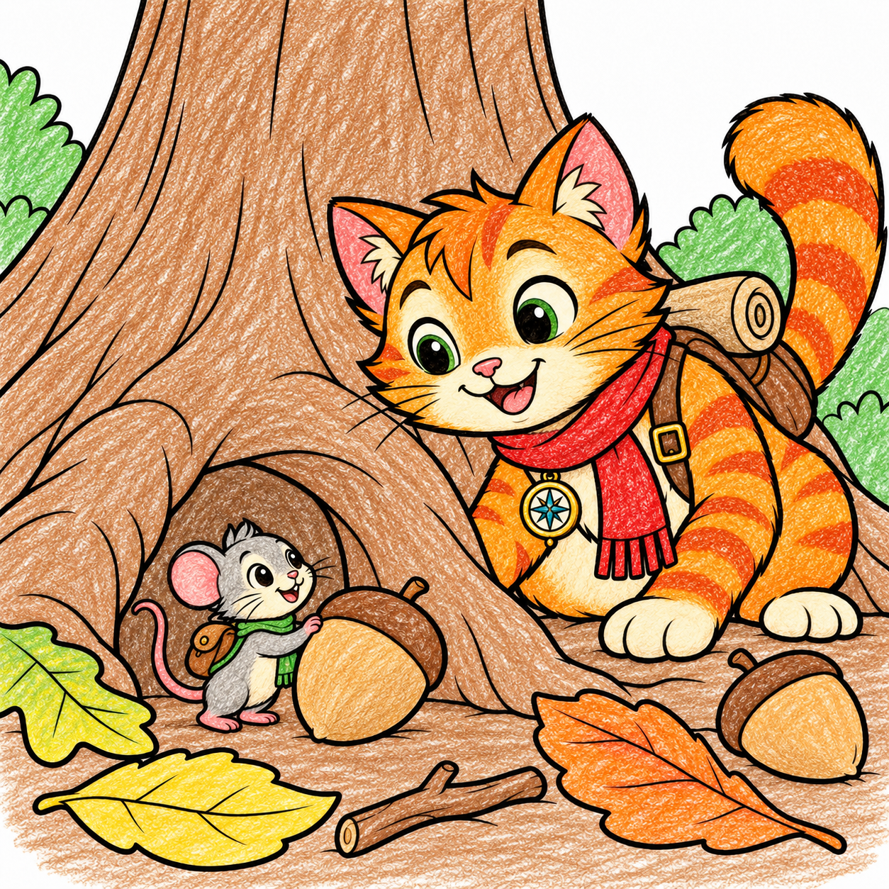 Tiny Pico peers through an arch between giant tree roots while Riyu crouches nearby, with broad leaves, acorns and a fallen twig below. Shown in color, as one idea.