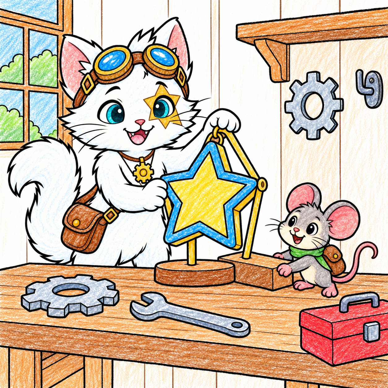 Rinwa examines a tilted star lantern on her workshop table while tiny Pico slides a wooden block beneath its stand, with gears and tools nearby. Shown in color, as one idea.