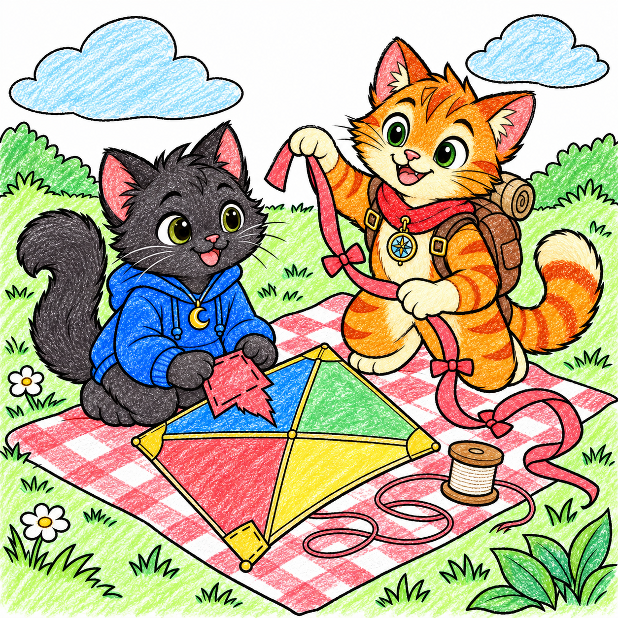 Lunai and Riyu mend a diamond kite on a meadow blanket, with a broad loop of tangled string, a patch, ribbon tails and two clouds. Shown in color, as one idea.