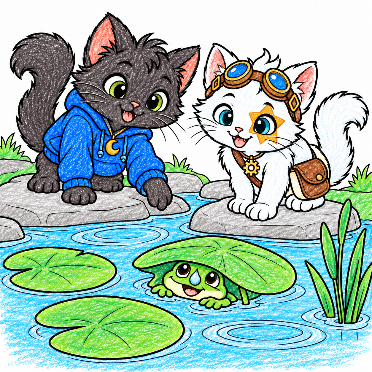 Lunai and Rinwa watch a small frog peek from under a lily pad at Moon Pond, surrounded by ripples, reeds and smooth stepping stones. Shown in color, as one idea.