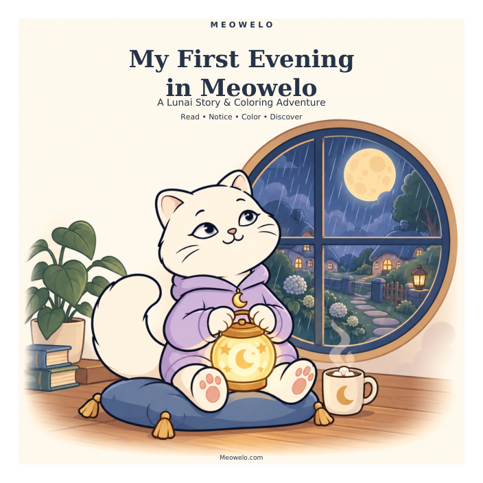 Lunai beside a round window, with previews of three scenes from the Meowelo mini adventure.