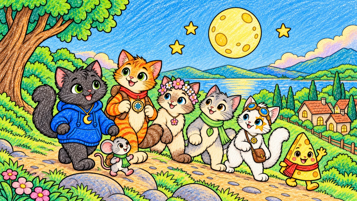 All seven Meowelo friends walk together on a hill beneath the moon, overlooking their village. Shown as a sketch, a pencil outline and in color.