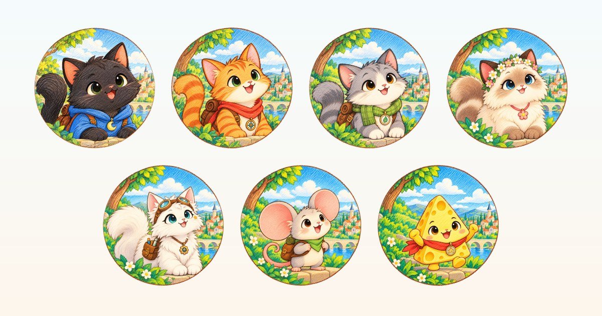 The Meowelo characters together: Lunai, Riyu, Myro, Naeli, Rinwa, Pico and Cheddo