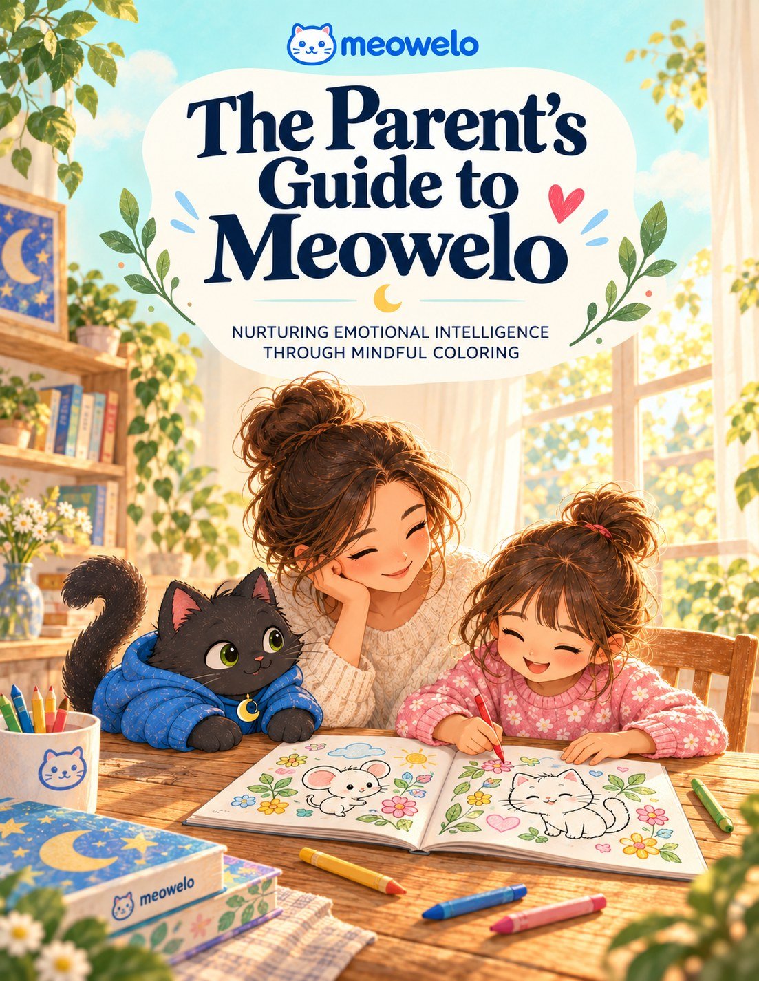 Cover of The Parent’s Guide to Meowelo: a parent and child coloring together at a sunny table, with Lunai beside them