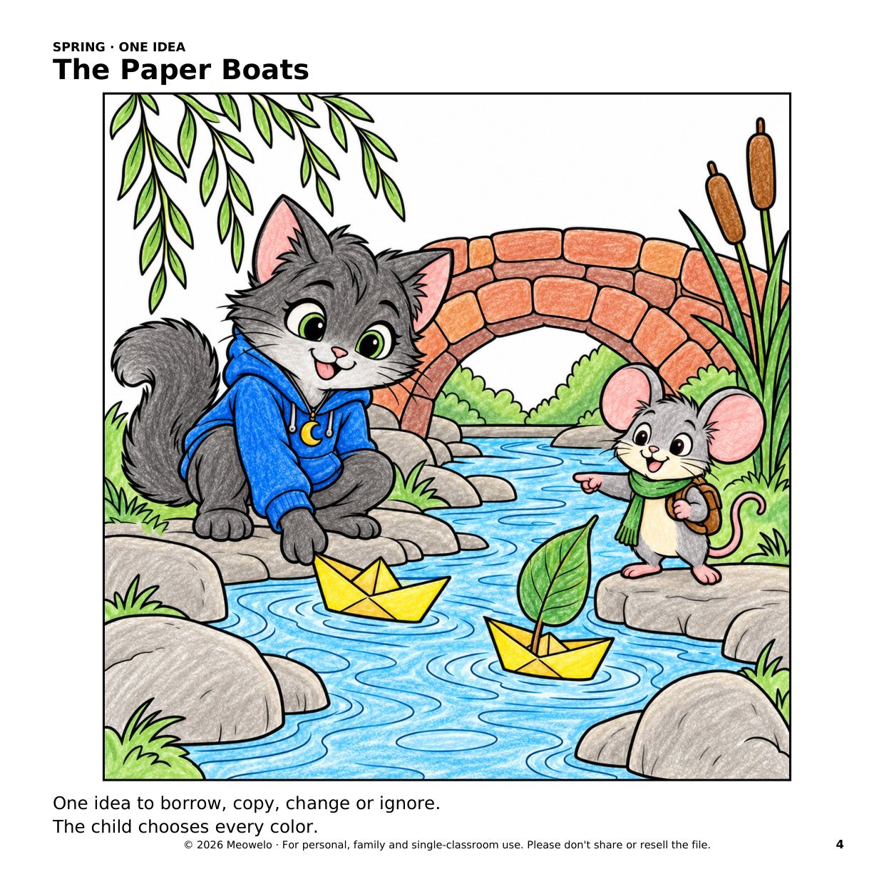 Lunai in a blue hoodie and tiny Pico in a green scarf watch yellow paper boats on a blue stream, colored with a crayon texture.