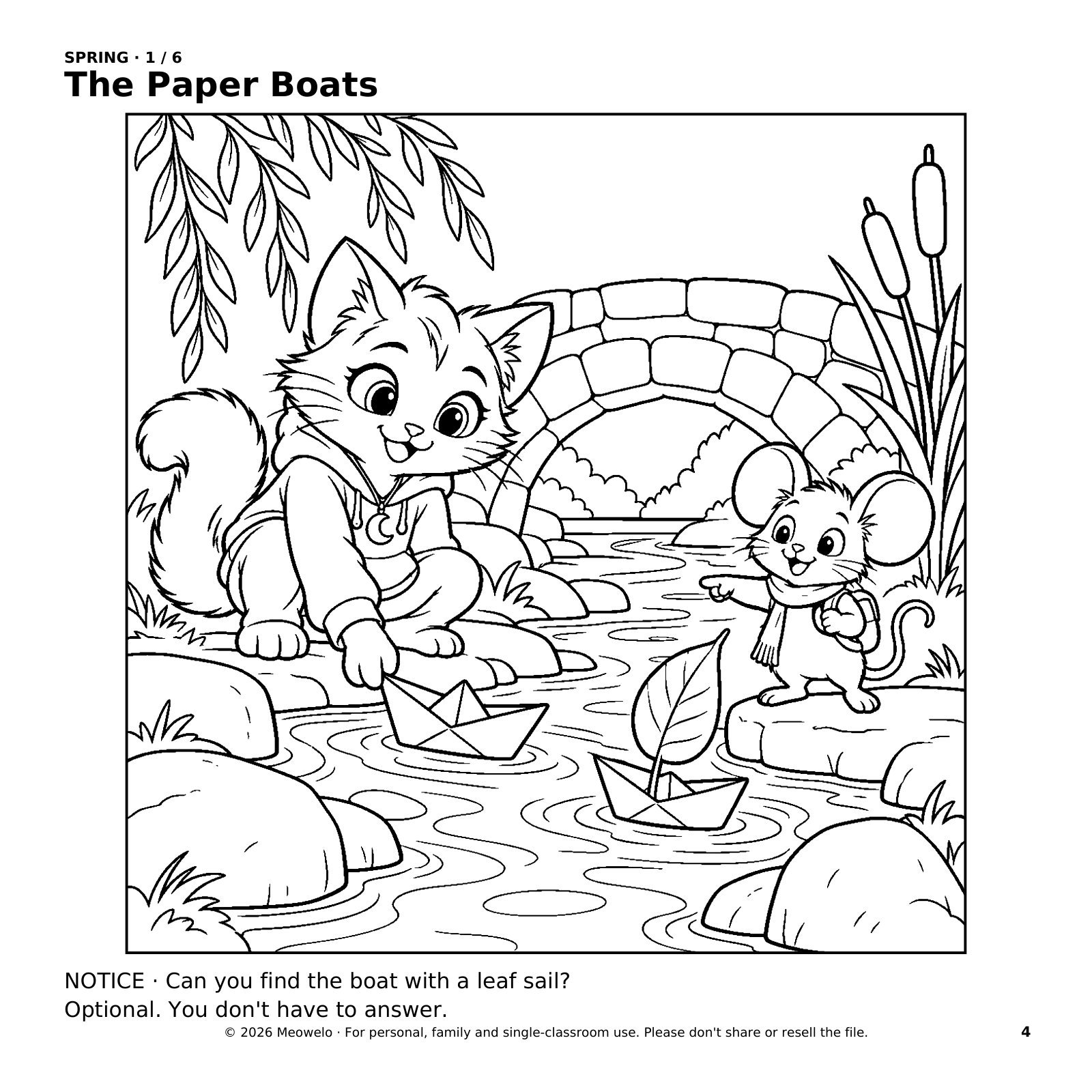 Lunai releases a paper boat while tiny Pico points toward a second boat with a leaf sail beside the stream.