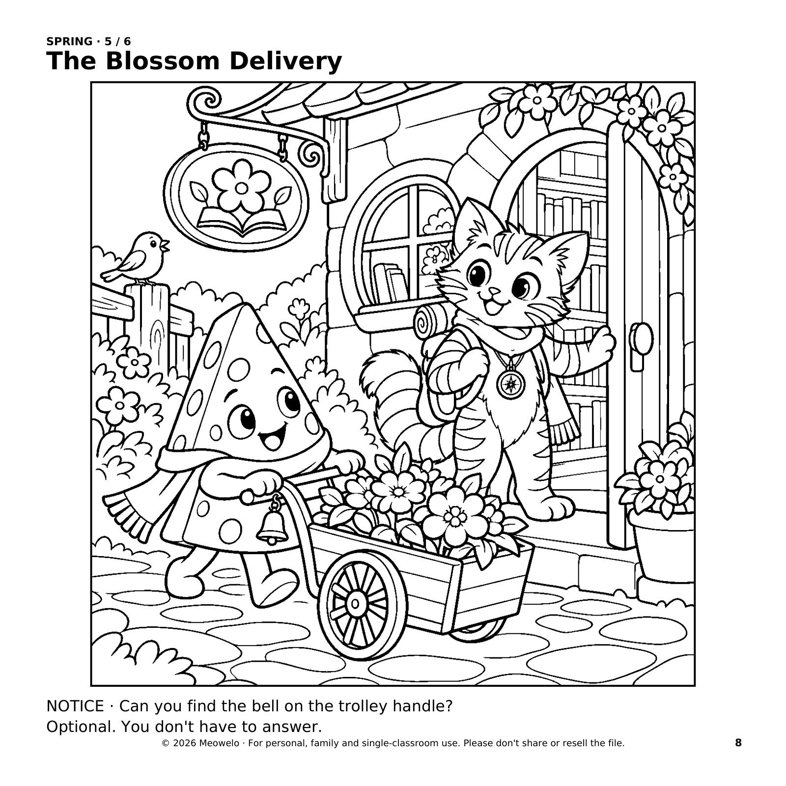 Cheddo pushes a trolley of blossoms while Riyu holds open the library door.