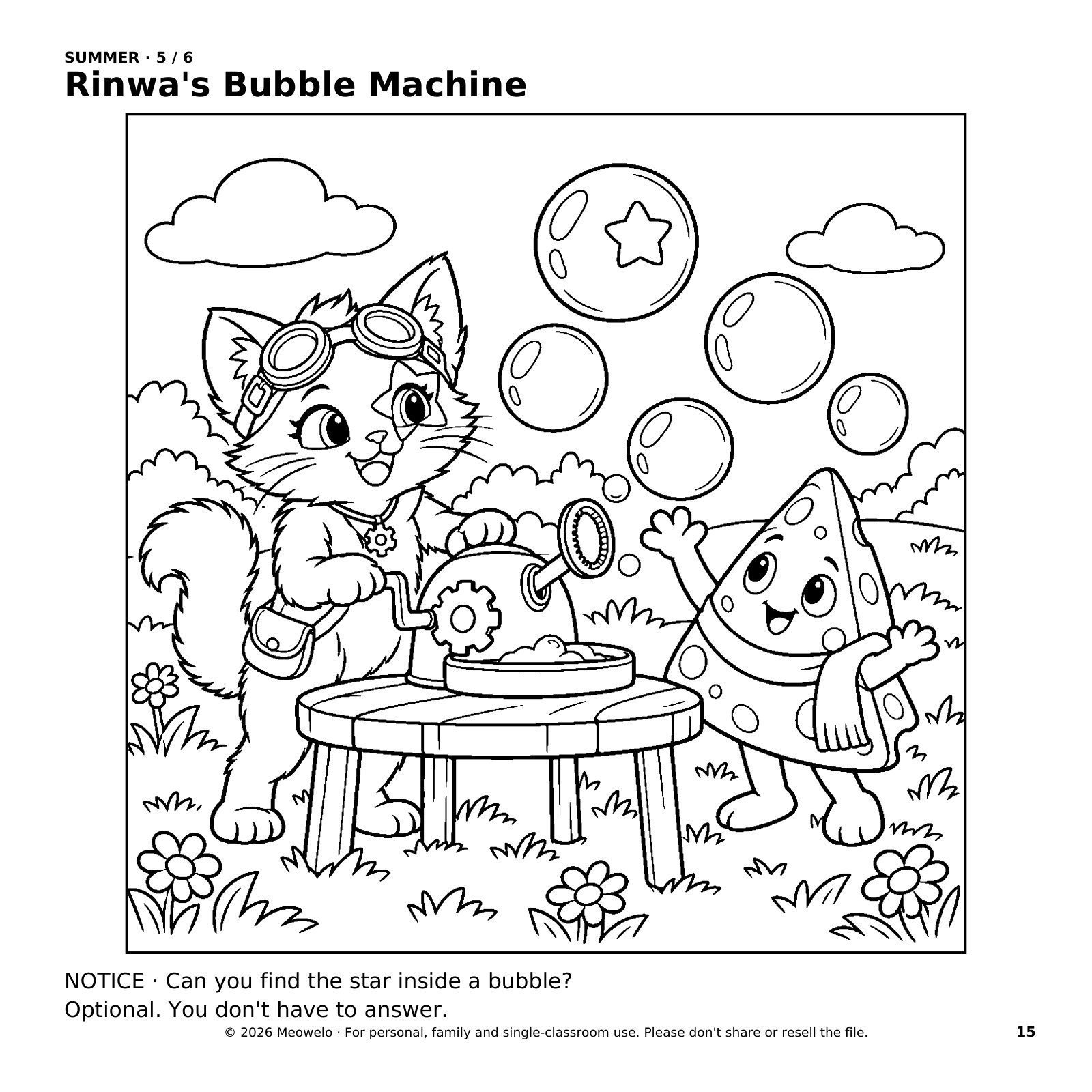 Rinwa turns the crank of a bubble machine while Cheddo reaches toward large floating bubbles.