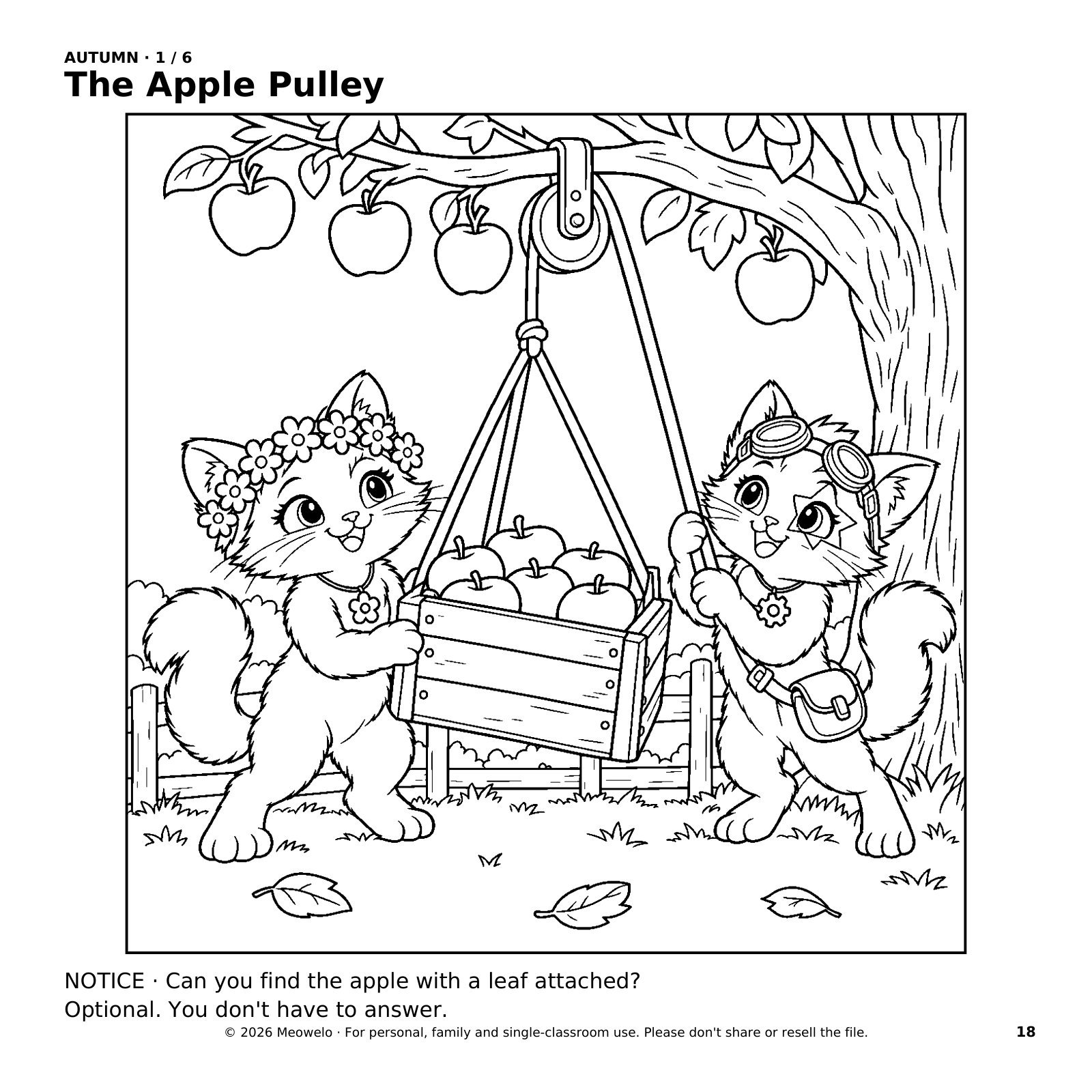 Naeli steadies an apple crate while Rinwa works a pulley beneath an orchard tree.