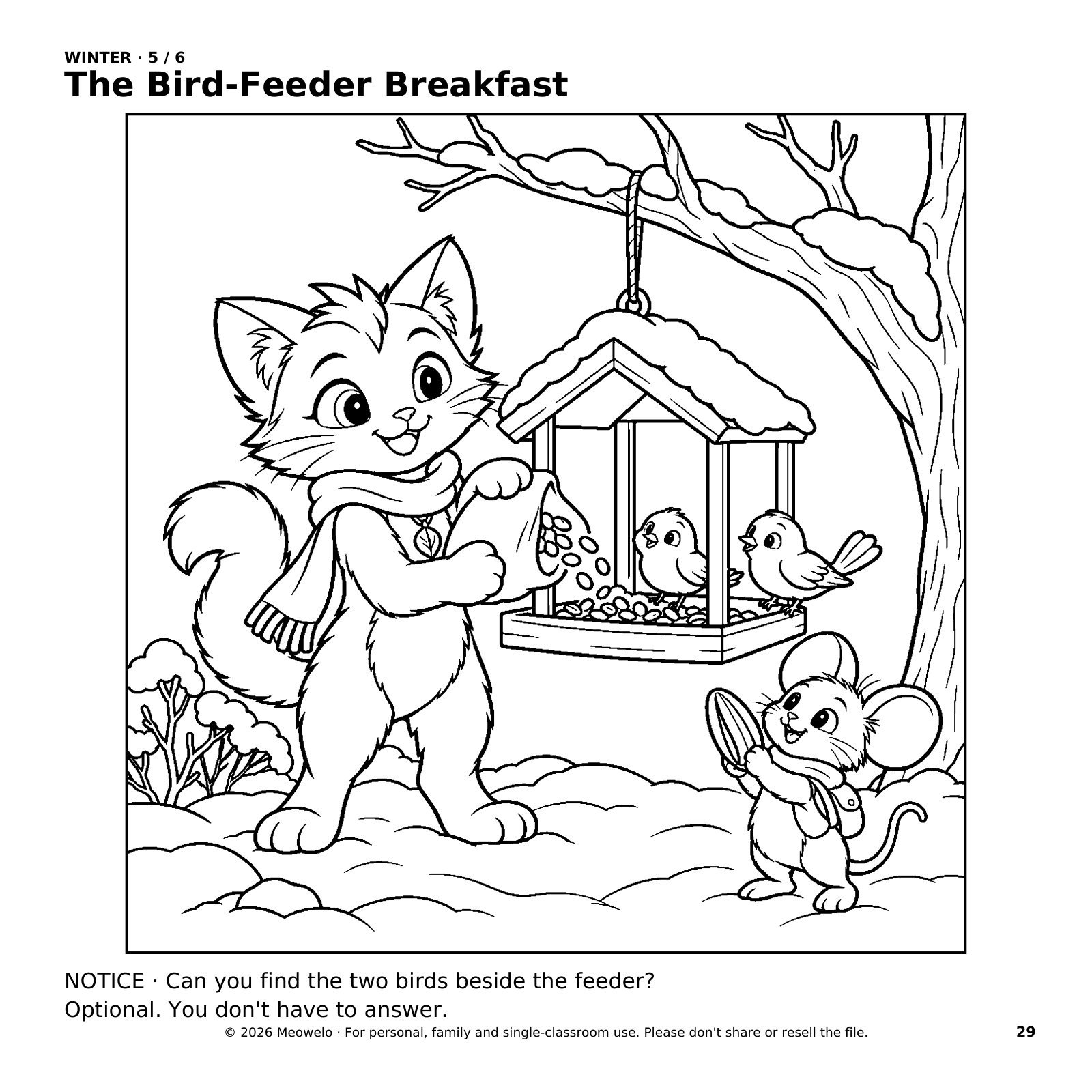 Myro pours seeds into a bird feeder while tiny Pico brings a seed and two birds wait nearby.