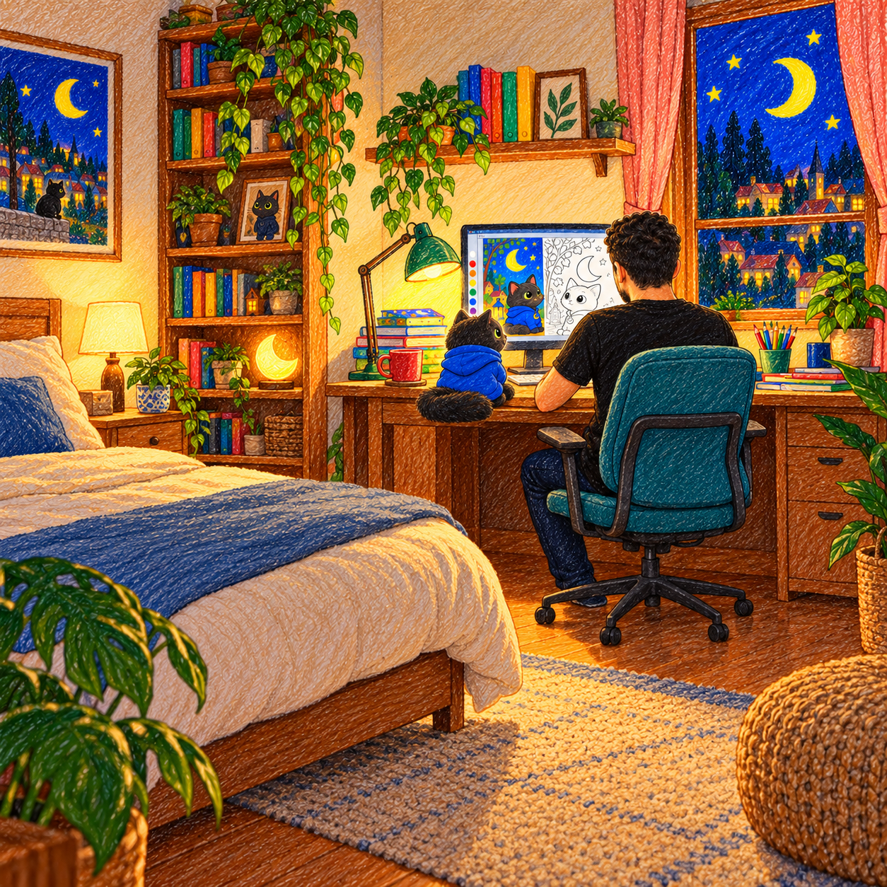 Leo Melven seen from behind in a black T-shirt, coloring a Meowelo page at his computer at night, with Lunai in his blue hoodie sitting on the desk beside him. Colored-pencil drawing.