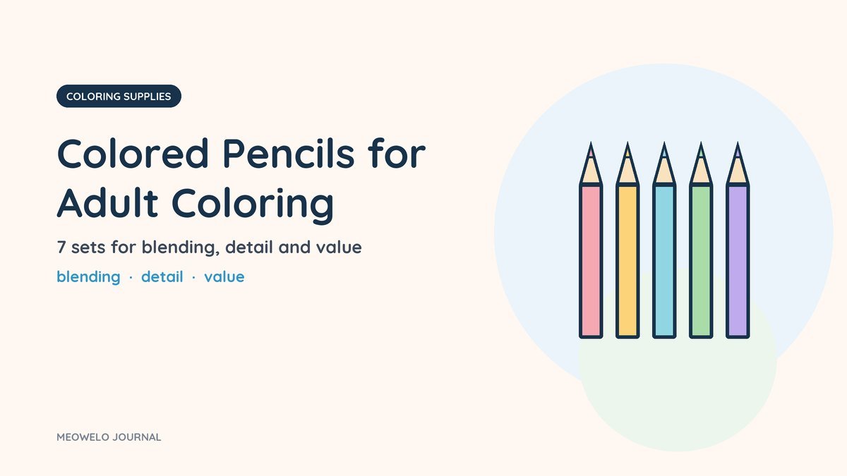 Colored Pencils for Adult Coloring: five colored pencils in a row, sharpened to a point