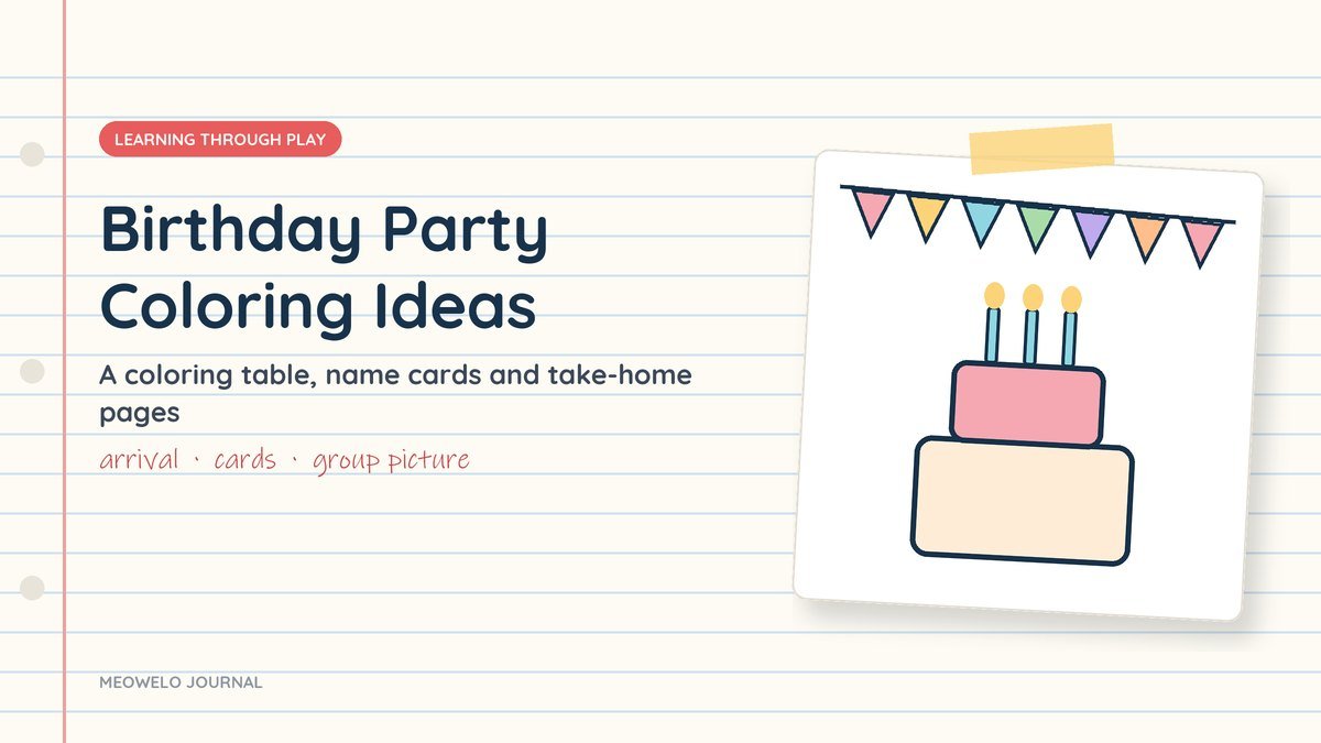 Birthday Party Coloring Ideas: a two-tier cake with three candles under a line of colorful bunting