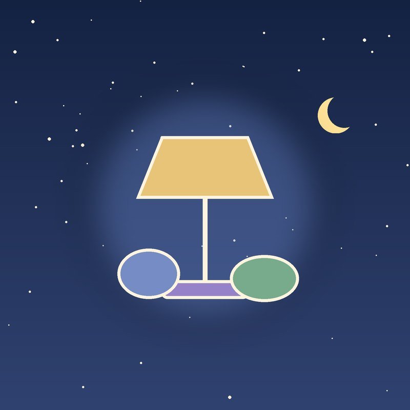 A warm lamp between two cushions on a starry night-blue background