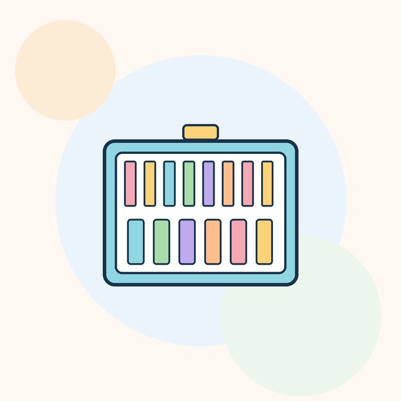 An open blue art case with rows of colored pencils and markers