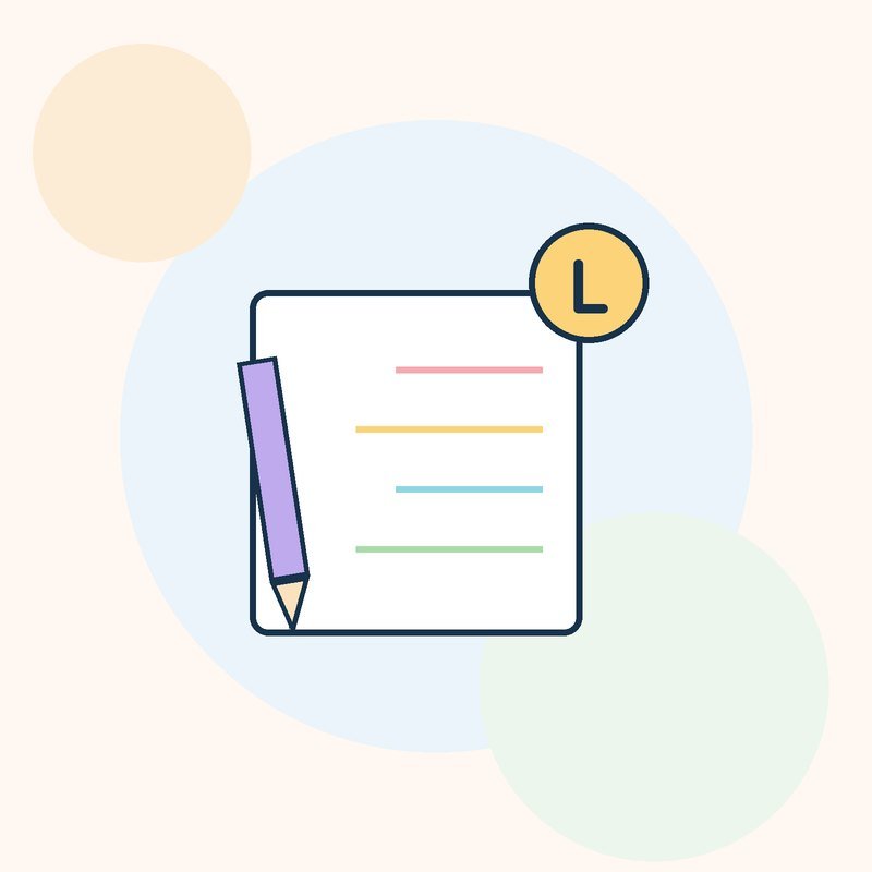 A lined page with a purple pencil on its left edge and a yellow L badge