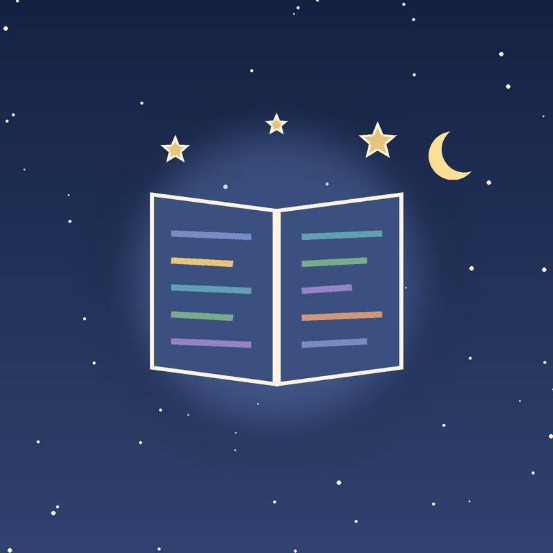 An open book under a crescent moon in a starry night sky