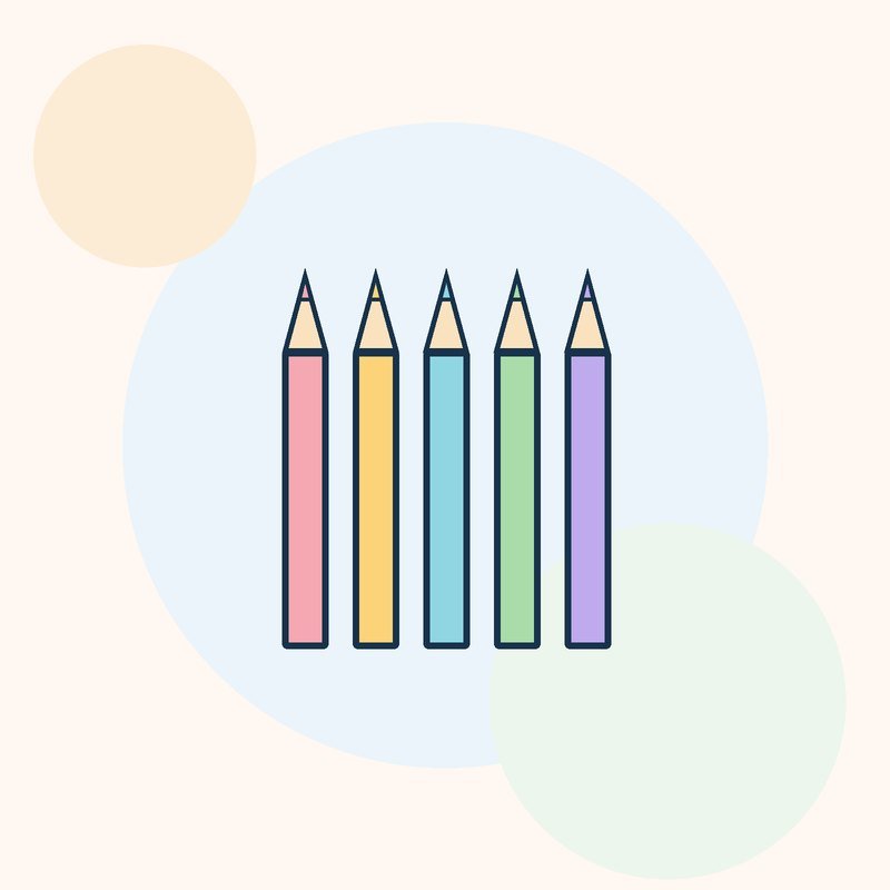 Five colored pencils in a row, sharpened to a point