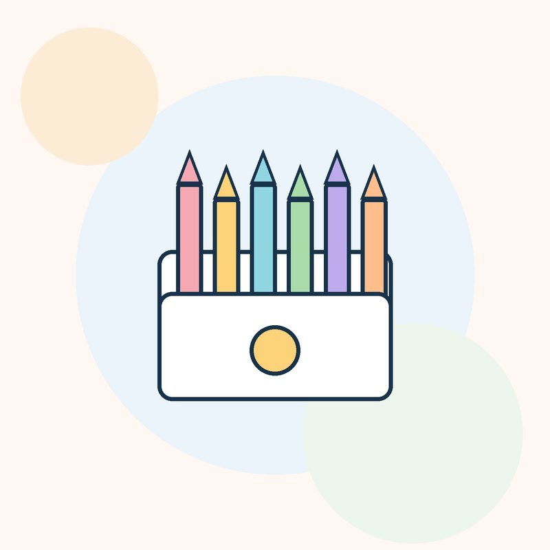 An illustrated box of six crayons in pastel colors on a cream background
