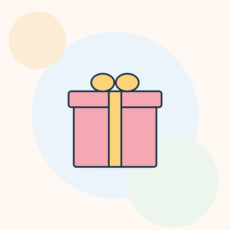 An illustrated pink gift box tied with a yellow ribbon and bow