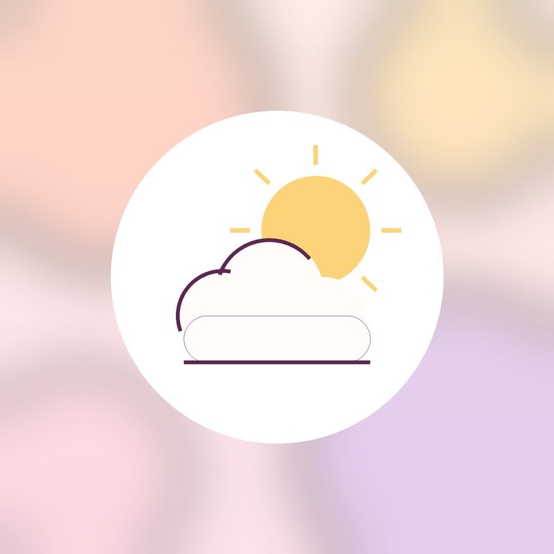 A sun peeking out from behind a soft cloud in a white circle