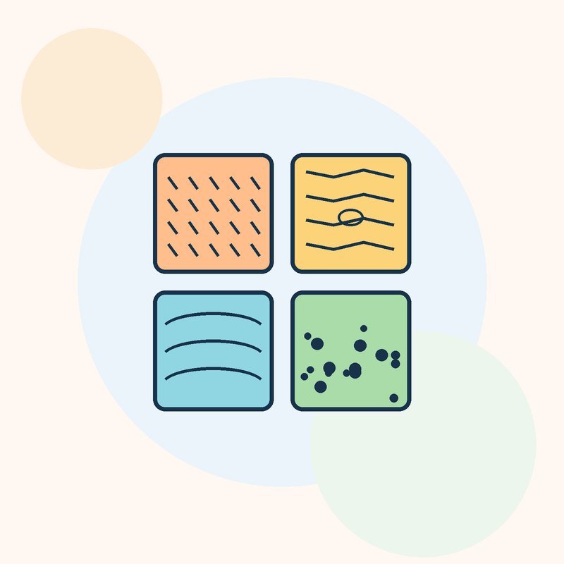 Four swatches showing flicked fur, wood grain, water waves and stone dots