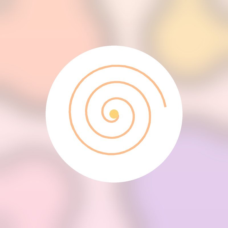 A lilac spiral swirl around a yellow dot in a white circle