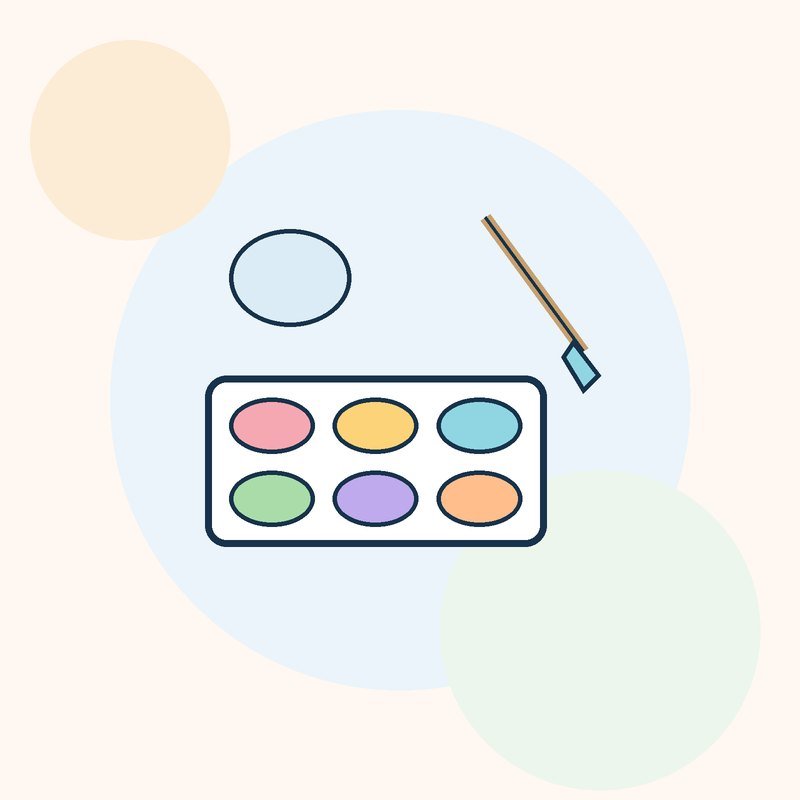 A paint palette with six colors, a brush and a water pot