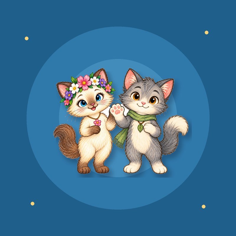 Naeli and Myro from Meowelo beside a chalkboard and three coloring pages