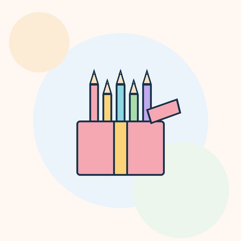 Colored pencils standing up out of an open gift box with a ribbon