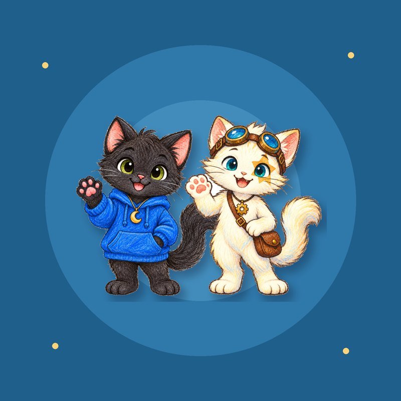 Lunai and Rinwa from Meowelo beside a calendar with five weeks checked