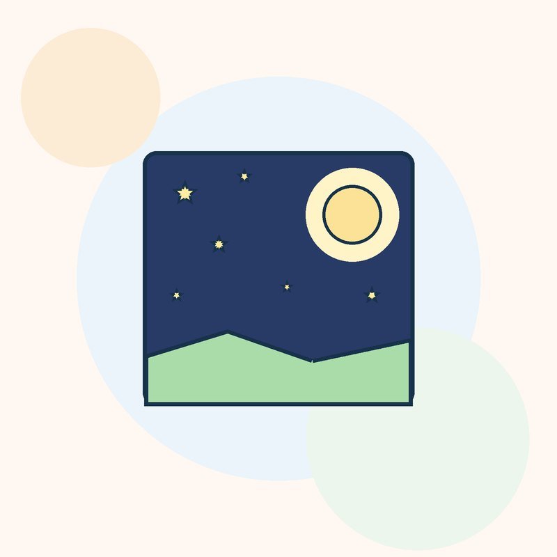 A framed night sky with a glowing moon, yellow stars and a green hill