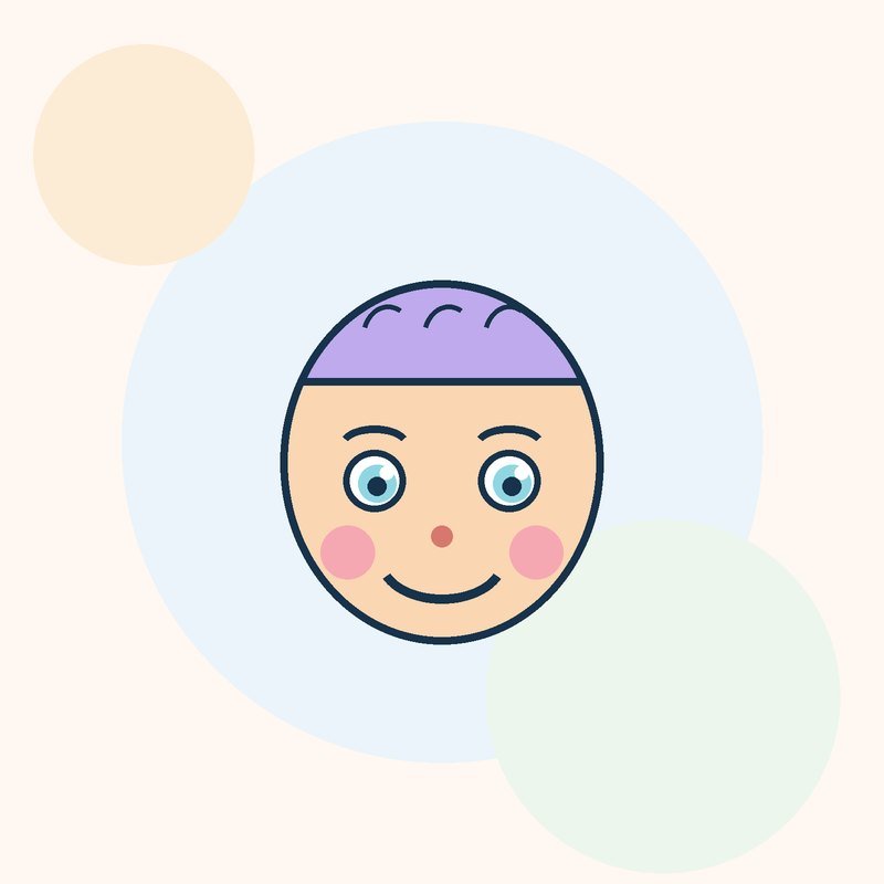 A smiling face with rosy cheeks, bright eyes and soft lilac hair