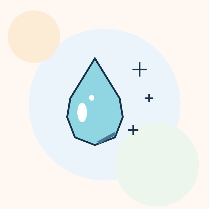 A blue water drop with white highlights and three small sparkles