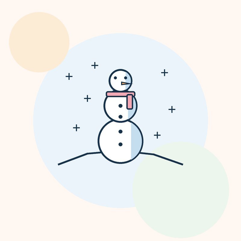 A snowman with pale blue shadows on a snowy hill under falling snowflakes