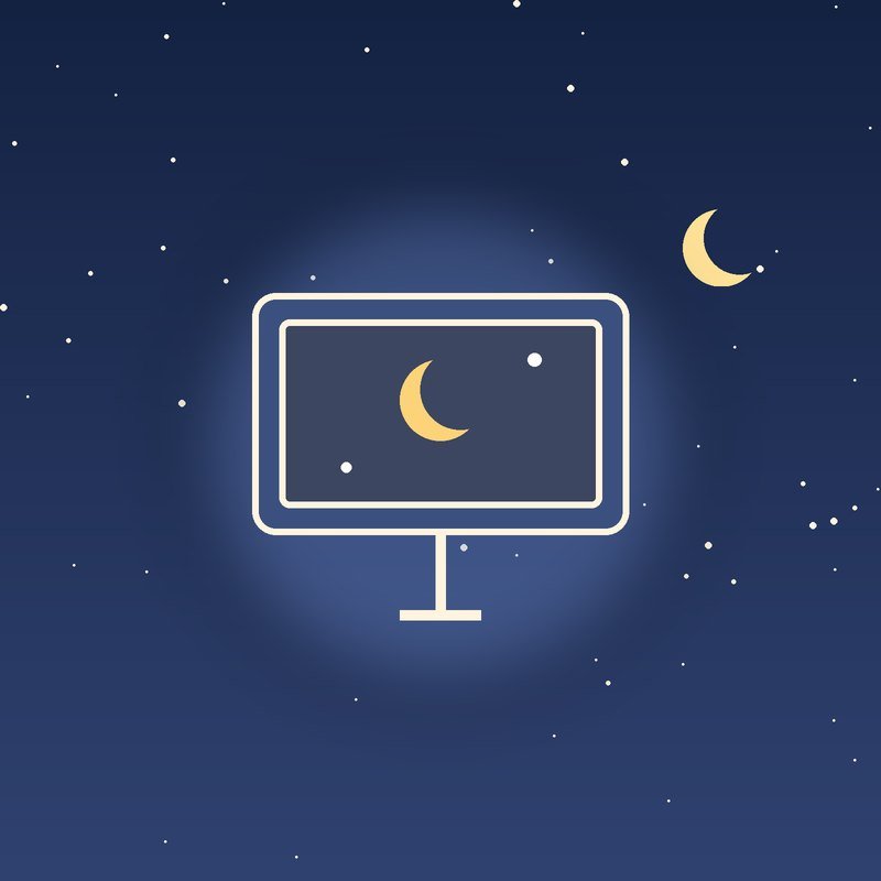 A screen showing a crescent moon on a starry night-blue background