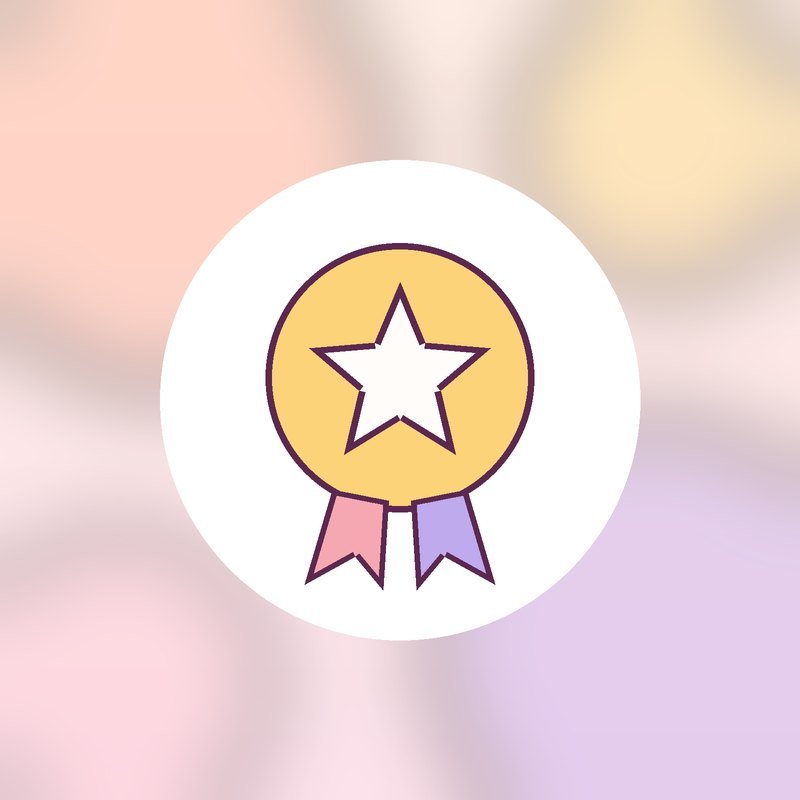 A yellow badge with a white star and two ribbons in a white circle