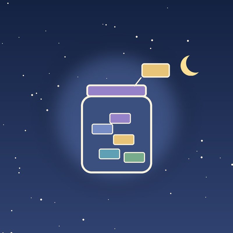 A boredom jar full of colorful idea slips under a starry night-blue sky