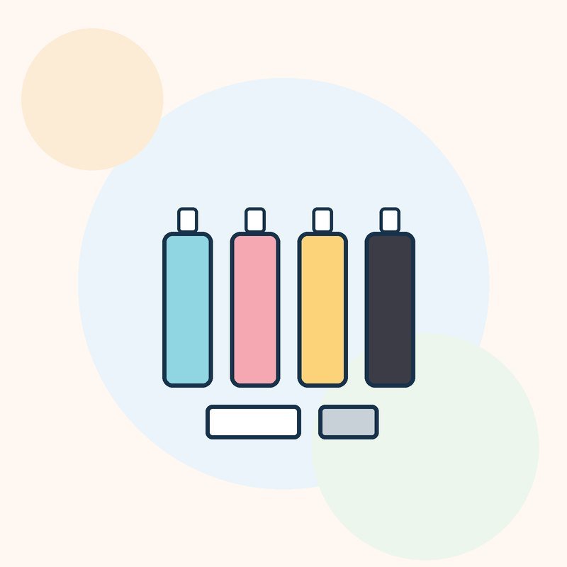 Four ink bottles in blue, pink, yellow and black beside two cartridges