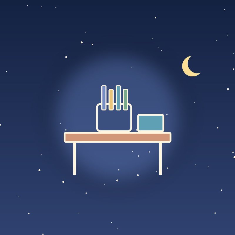 A small table with a cup of crayons, drawn in light lines on a night-blue sky
