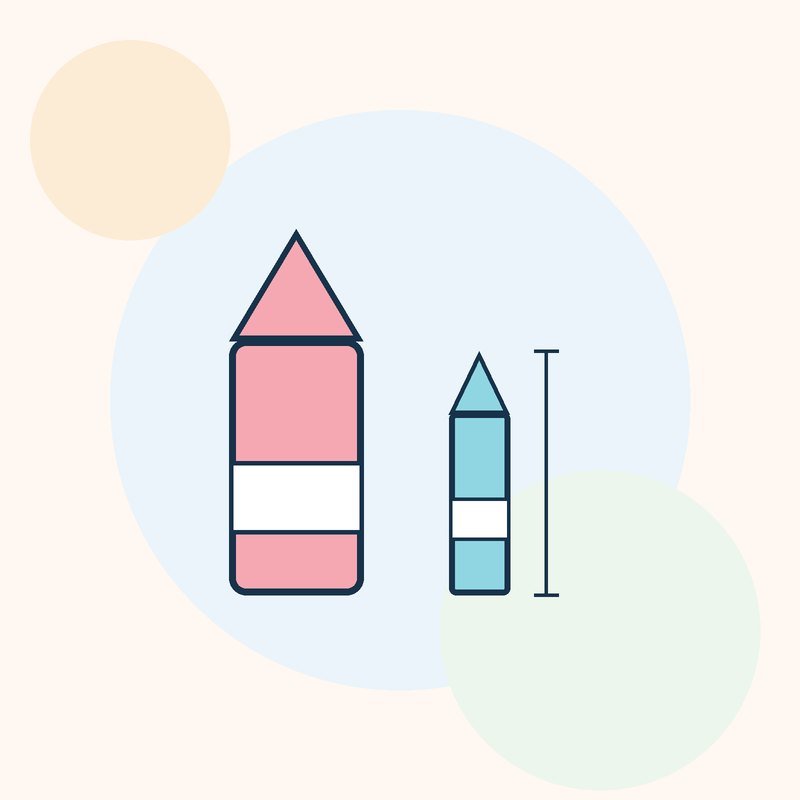 A chunky pink crayon standing beside a slimmer blue crayon