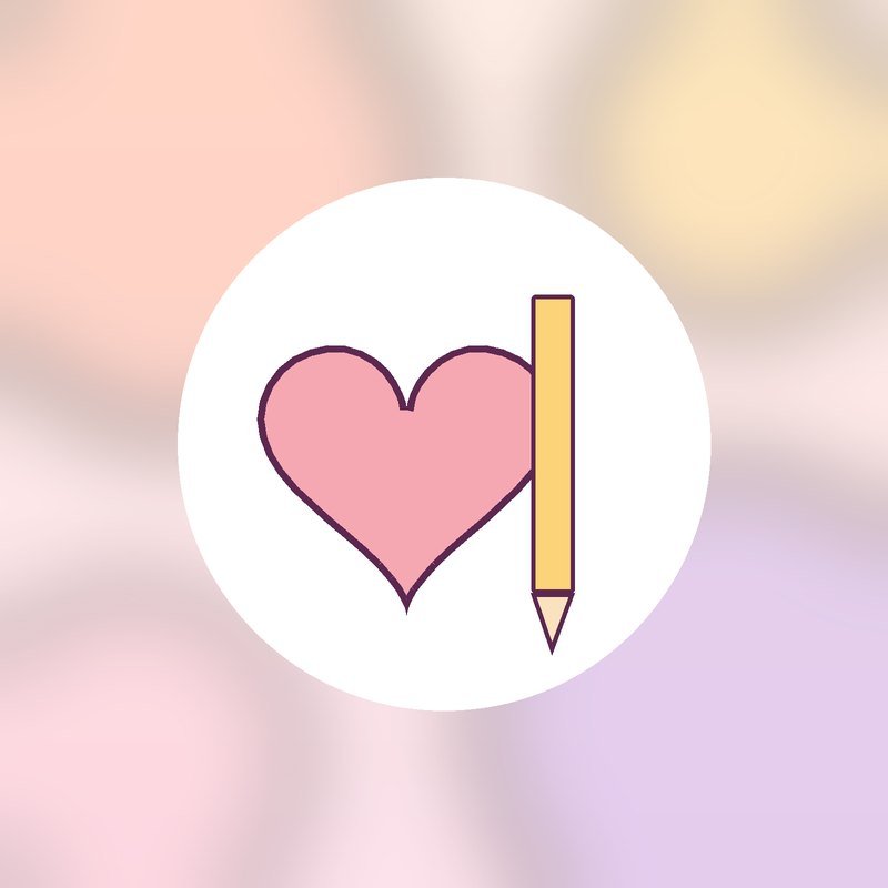 A pink heart drawn next to a yellow pencil in a white circle on a warm peach background